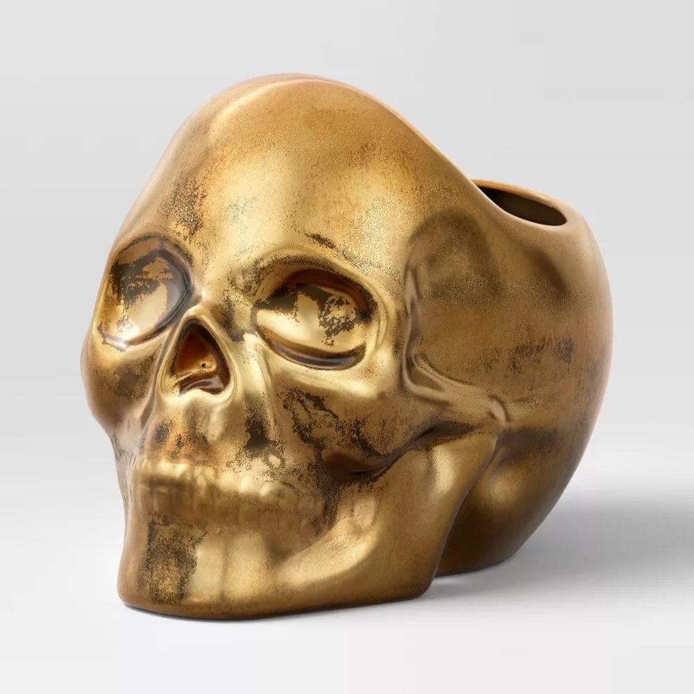 817ml Halloween Skull Stoneware Candy Bowl Gold nwt - Threshold